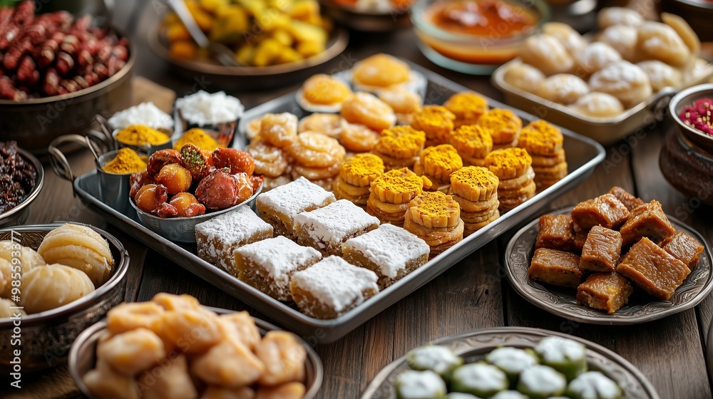 A vibrant image capturing the joyous tradition of exchanging sweets during Diwali, showcasing colorful treats and festive elements that symbolize love, togetherness, and celebration. A vibrant image capturing the joyous tradition of exchanging sweets during Diwali, showcasing colorful treats and festive elements that symbolize love, togetherness, and celebration.