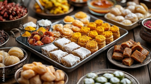 A vibrant image capturing the joyous tradition of exchanging sweets during Diwali, showcasing colorful treats and festive elements that symbolize love, togetherness, and celebration.