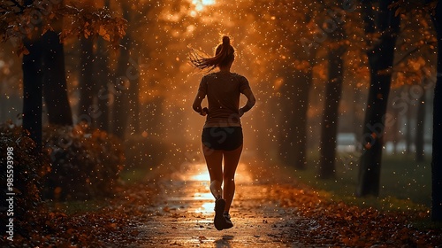 a young woman jogging along a winding path, wearing casual athletic wear, the soft glow of sunrise peeking through trees