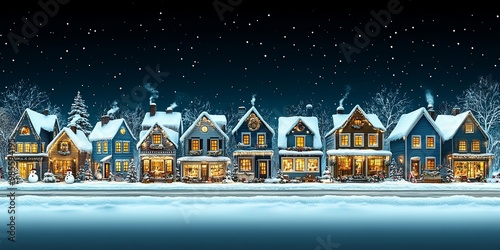 A charming snow-covered street lined with cozy holiday homes adorned with twinkling lights and festive decorations, creating a magical winter wonderland