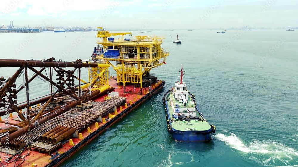 Big Construction on ship. Tender Drilling Oil Rig on Barge Ship ...