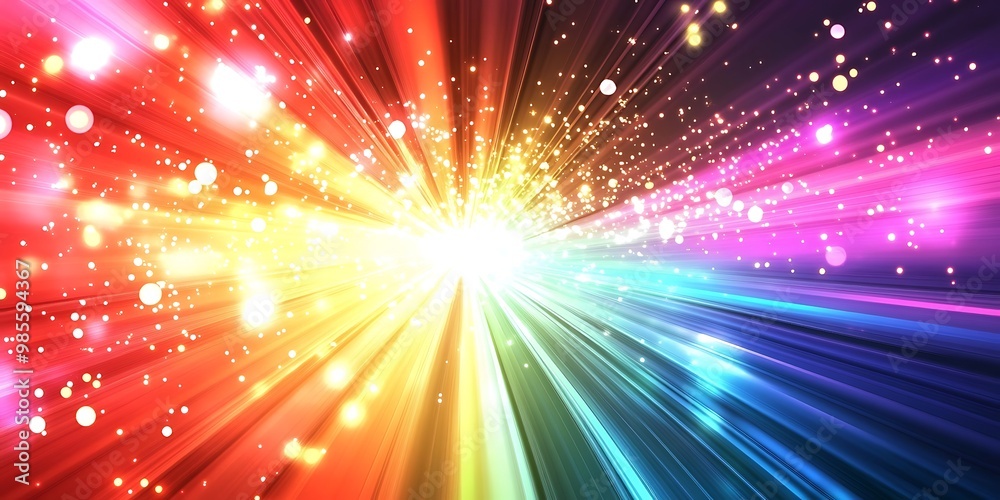 A vibrant, colorful light explosion with beams radiating outwards on all sides A vibrant, colorful light explosion with beams radiating outwards on all sides