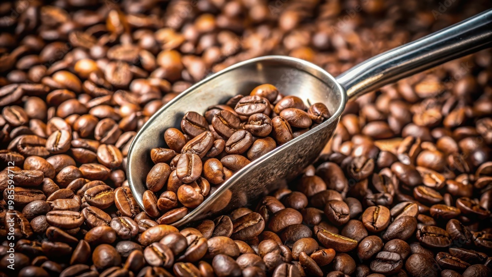 Fototapeta premium Close-up of coffee beans being scooped with a metal scoop