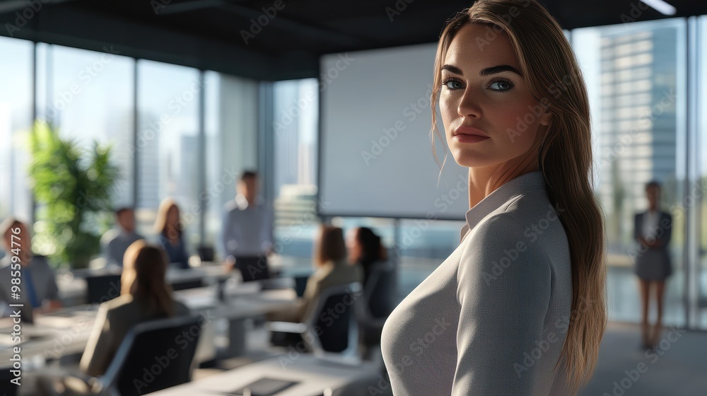 a Caucasian businesswoman organizing a sales training seminar in a contemporary office a Caucasian businesswoman organizing a sales training seminar in a contemporary office