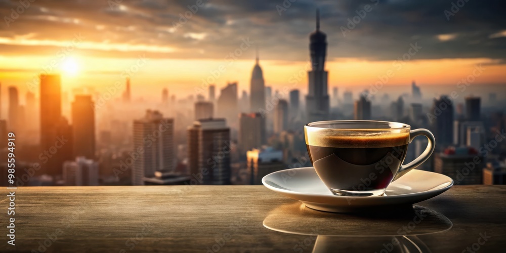Close up of espresso shot with focus on copy space, featuring a dark and smooth double exposure silhouette of an early morning cityscape Close up of espresso shot with focus on copy space, featuring a dark and smooth double exposure silhouette of an early morning cityscape