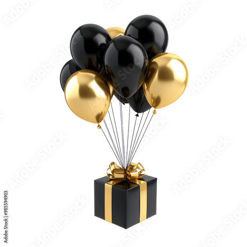 Flying black and gold balloons attached with a black gift box with a golden ribbon 3D isolate on transparent background photo