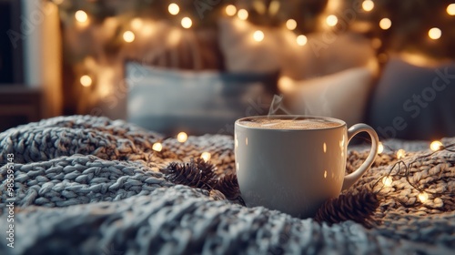 A heartwarming coffee cup surrounded by fairy lights and plush throws offers a homely retreat, envisioned by Generative AI