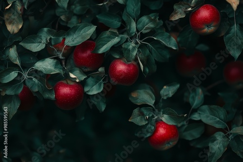 Vibrant red apples hang from dark green leaves under dappled light in a summer orchard