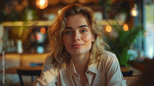 Engaging Portrait of a Smiling Woman in a Cozy Caf‚àö¬©