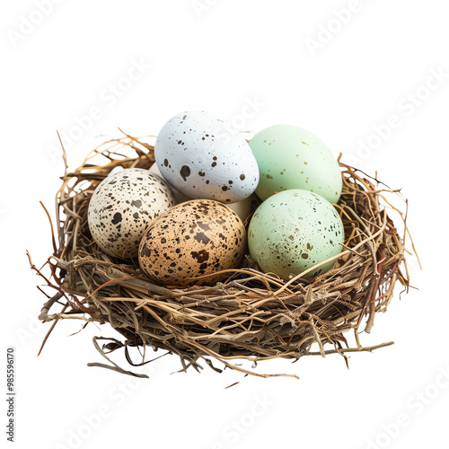 A nest filled with five speckled eggs in neutral and pastel colors, resting on straw. Perfect for nature or Easter-themed content.