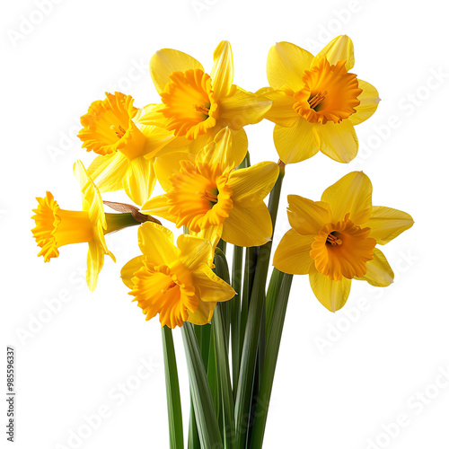 A beautiful bouquet of vibrant yellow daffodils with green stems, isolated on a white background. Springtime floral arrangement.