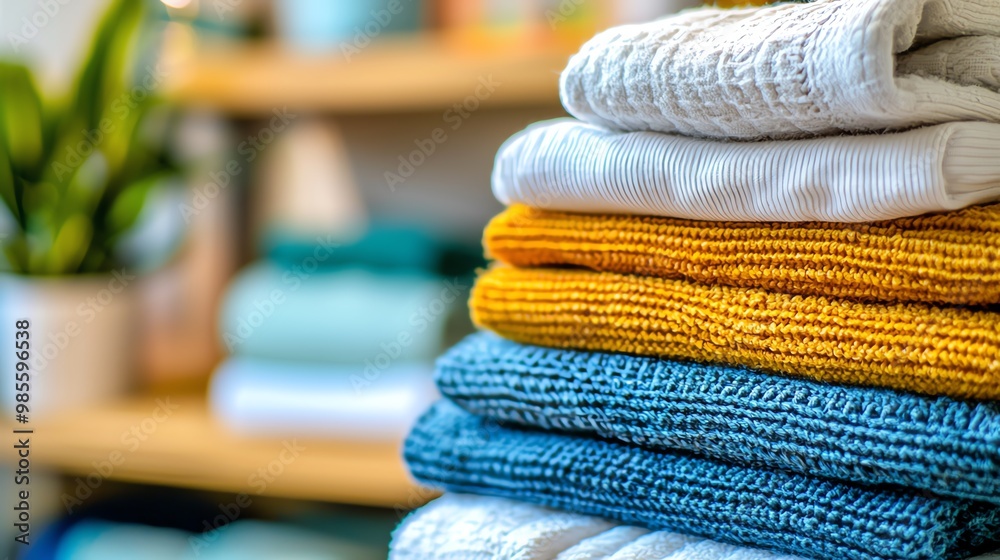 Folded laundry stacks with professional equipment, clean aesthetics, bright lighting, premium service representation Folded laundry stacks with professional equipment, clean aesthetics, bright lighting, premium service representation