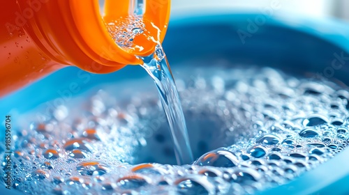 Laundry detergent pouring into a washer, high detail, vibrant colors, clean and fresh service concept
