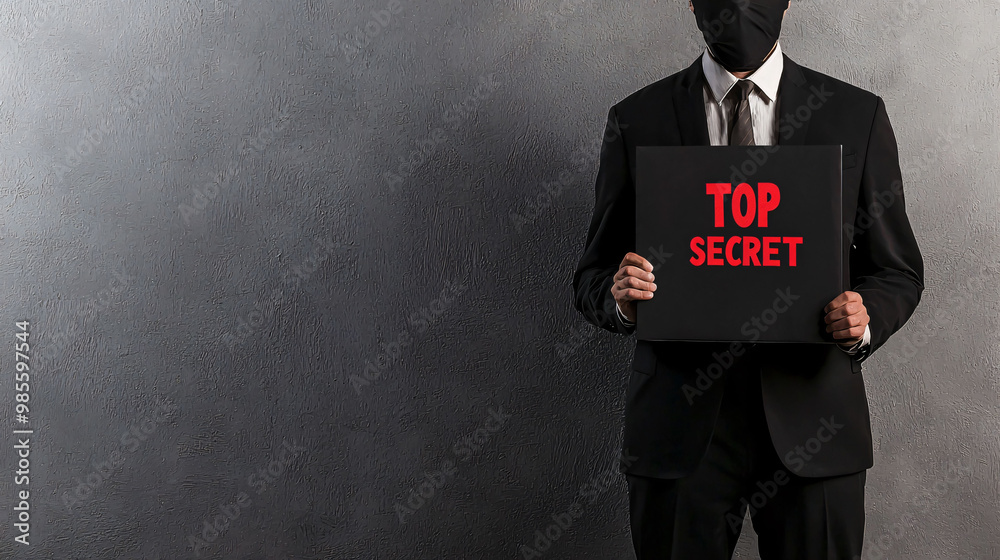 Obraz premium A businessman in suit holds sign marked TOP SECRET, conveying sense of mystery and confidentiality. dark background enhances serious tone of image