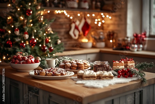 Festive Christmas Tabletop with Cookies, Cakes, and Ornaments