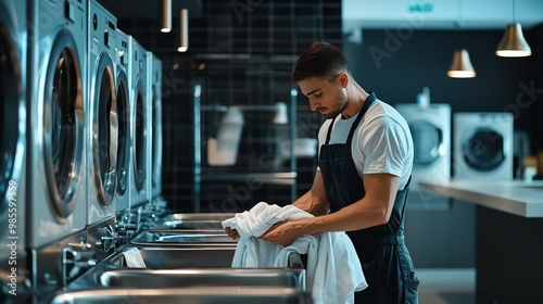 A man skillfully handles laundry in a modern laundromat, showcasing cleanliness and efficiency in a well-lit environment.