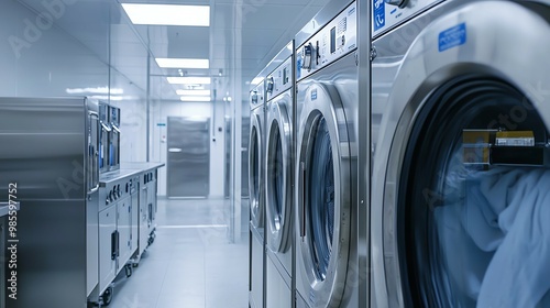A modern commercial laundry facility showcasing industrial machines and a clean, organized workspace for efficient garment care.