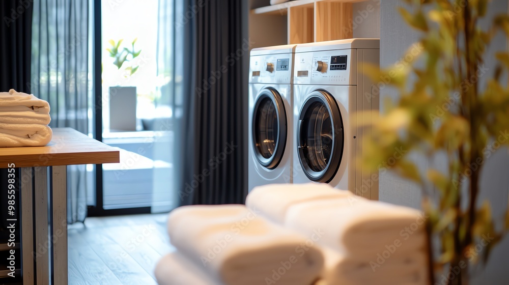A modern laundry room featuring a washer and dryer, neatly stacked towels, and a bright, airy ambiance for efficient laundry tasks. A modern laundry room featuring a washer and dryer, neatly stacked towels, and a bright, airy ambiance for efficient laundry tasks.