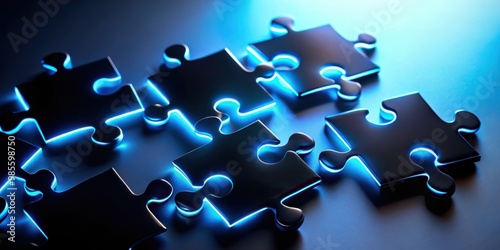 Black jigsaw puzzle pieces on blue neon background photo