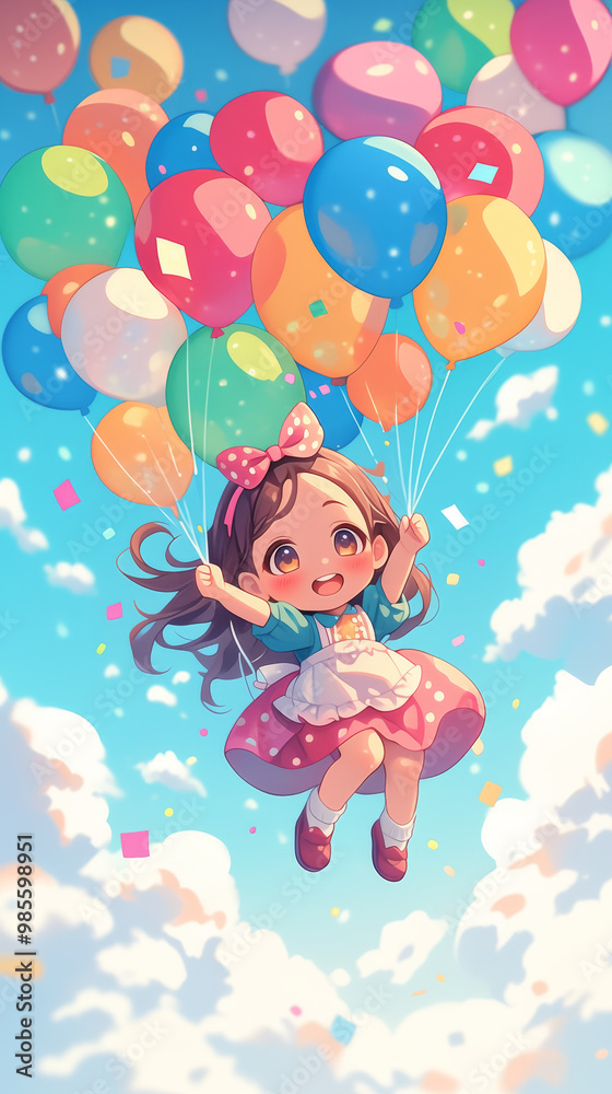 Little girl happily floating in the air holding balloons Little girl happily floating in the air holding balloons