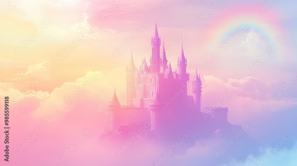 Fototapeta premium A pastel castle under bright sunshine, with a softly glowing rainbow in the sky, placed against a dynamic futuristic backdrop, vector art
