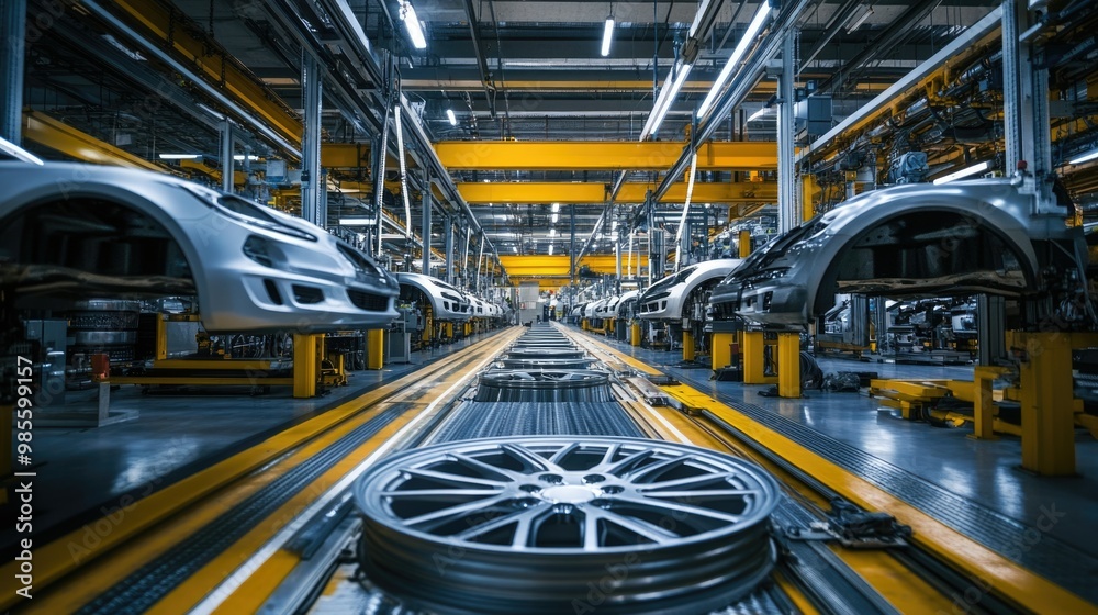 A large industrial building with two wheels hanging from the ceiling A large industrial building with two wheels hanging from the ceiling