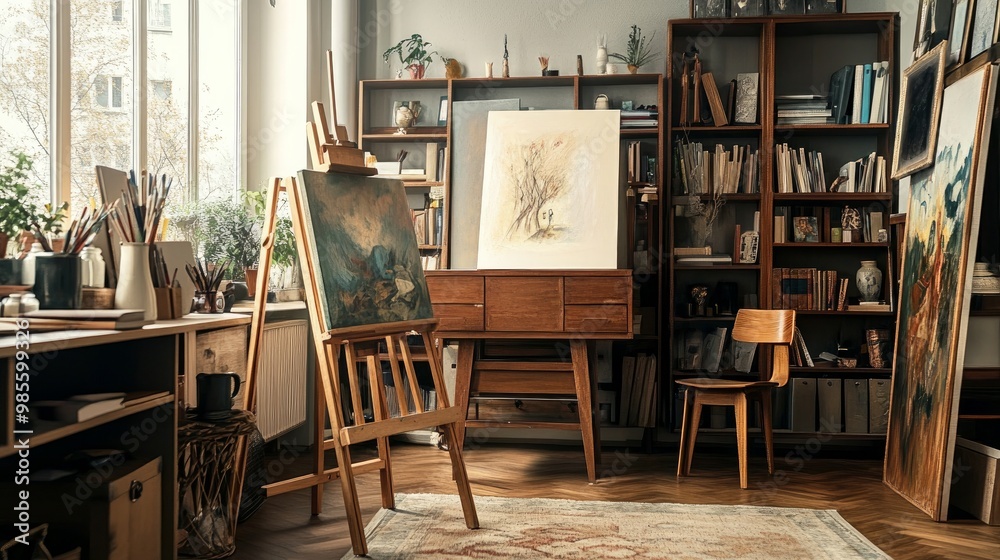 The interior of a unique artist workstation features a teak commode, a wooden easel, a bookcase, paintings, decorative items, painting supplies, and classy personal belongings. An artist's contemporar The interior of a unique artist workstation features a teak commode, a wooden easel, a bookcase, paintings, decorative items, painting supplies, and classy personal belongings. An artist's contemporar
