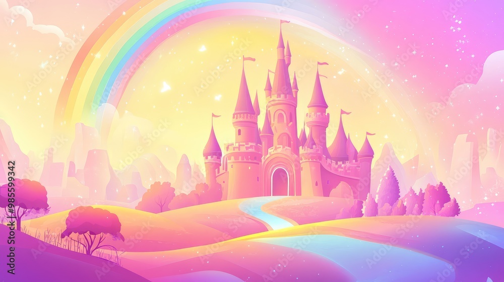 Naklejka premium Beautiful pastel castle glowing in the sunshine, with a radiant rainbow above, set against a dynamic futuristic landscape, vector art