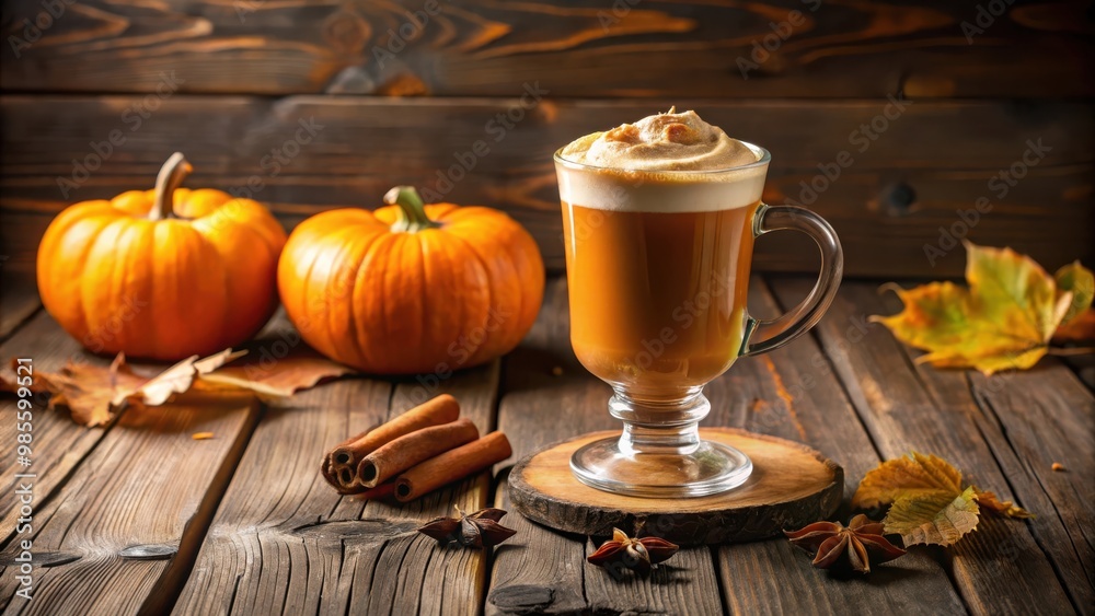 A glass cup of pumpkin spice latte on a wooden table A glass cup of pumpkin spice latte on a wooden table