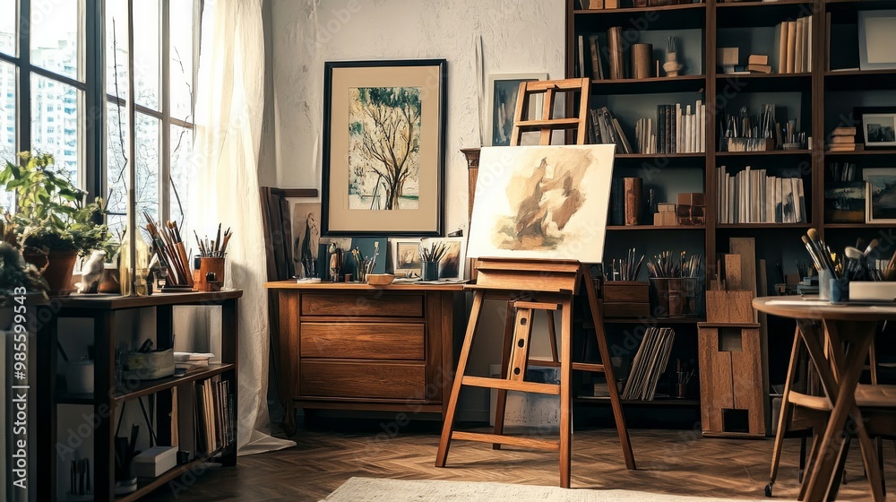 The interior of a unique artist workstation features a teak commode, a wooden easel, a bookcase, paintings, decorative items, painting supplies, and classy personal belongings. An artist's contemporar