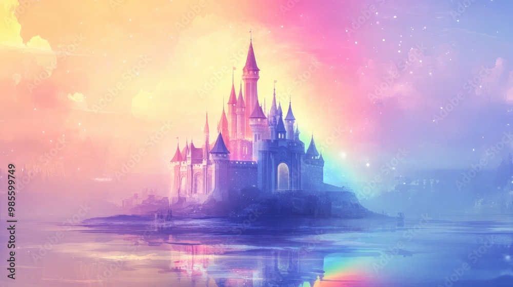 A beautiful pastel castle illuminated by sunlight, with a softly glowing rainbow in the sky, set against a vibrant futuristic backdrop, vector art A beautiful pastel castle illuminated by sunlight, with a softly glowing rainbow in the sky, set against a vibrant futuristic backdrop, vector art