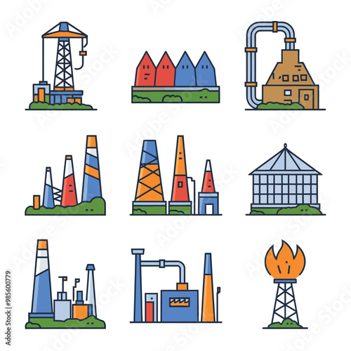 illustrations vector icon for oil and gas industry refinery process and building 
