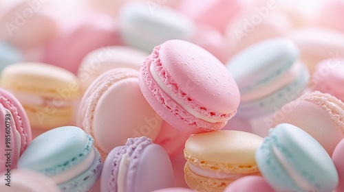 A colorful assortment of pastel macarons in close-up view.