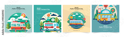 World Public Transport Day Social Media Square Banner Design. Set of Flat Vector Illustration