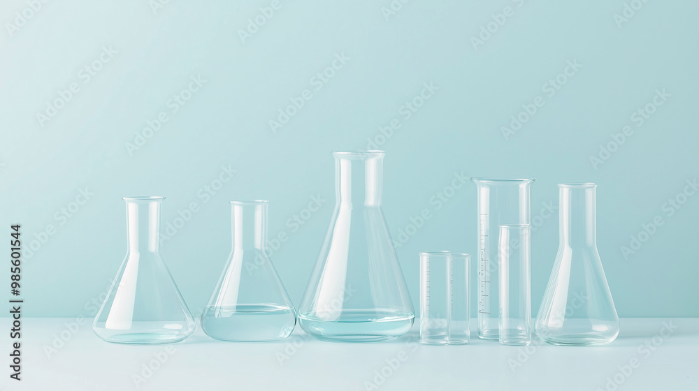 collection of laboratory glassware, including beakers, flasks, and test tubes, elegantly arranged against a clean blue background, highlighting the clarity and precision of scienti