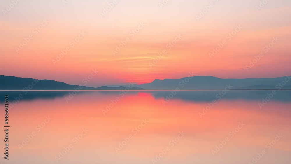 A serene sunset over calm waters reflects soft hues of pink and orange, creating a tranquil atmosphere.