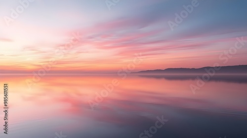 A serene sunset over calm waters reflects soft hues of pink and orange, creating a tranquil atmosphere.