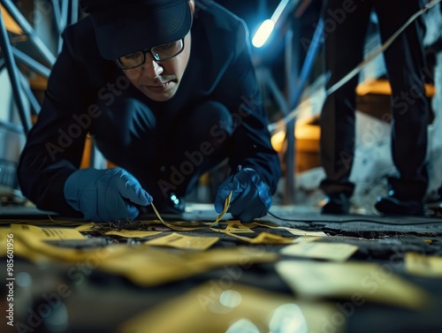 Forensic expert examining evidence at a crime scene, focusing on collection and analysis with scientific precision. photo