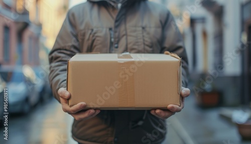 A person in casual clothing holding a cardboard box for delivery, standing on an urban street