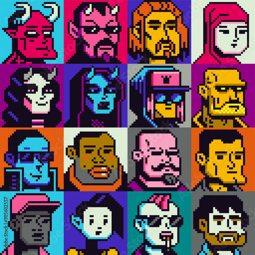 People character set, man, woman pixel art flat style, girl, guy, avatar, social net portrait, profile picture. Design of 80s. Game assets. 8-bit. Isolated vector illustration background.