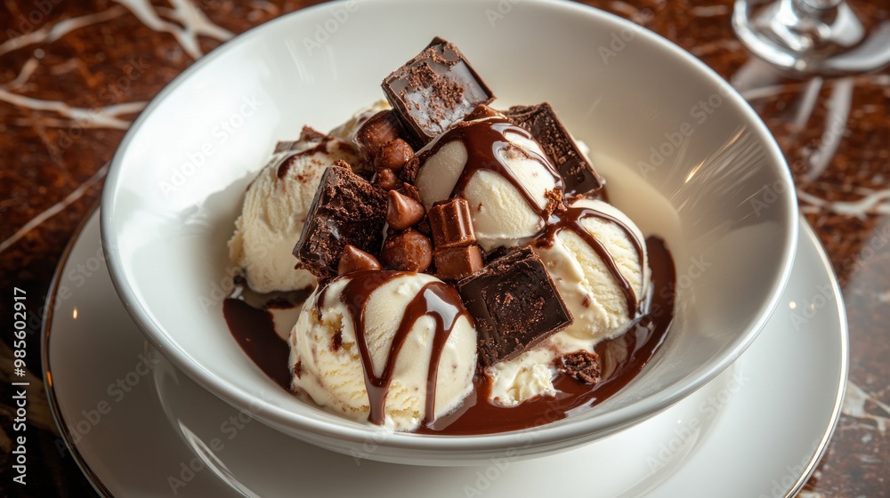 Chocolate Ice Cream Sundae with Brownie and Chocolate Syrup Chocolate Ice Cream Sundae with Brownie and Chocolate Syrup