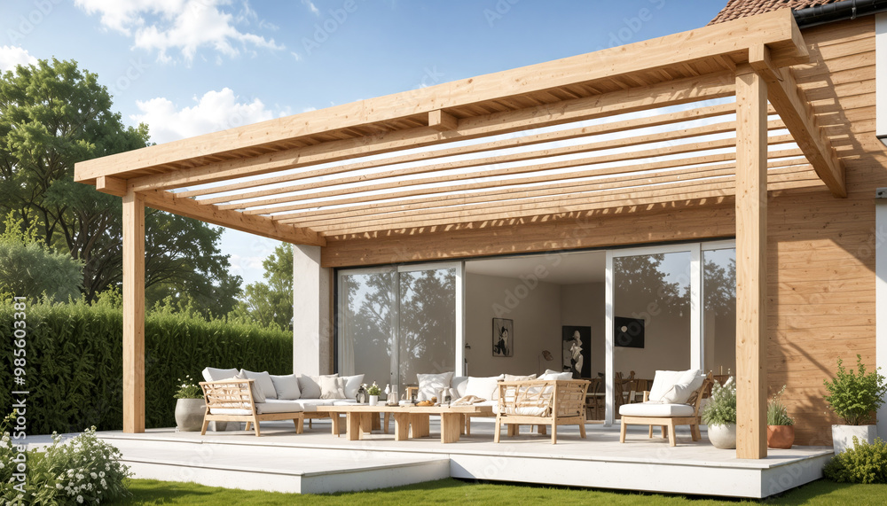 Fototapeta premium A modern outdoor dining area with a wooden pergola, a large dining table and chairs, and a view of a swimming pool.