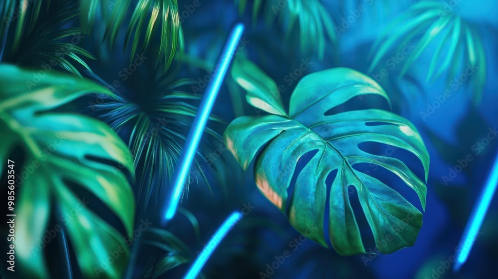 Naklejka premium Green and Blue Neon Light with Tropical Leaves