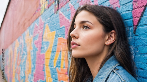 A young woman stands against a vibrant mural, looking thoughtfully upward, showcasing a casual and stylish appearance.