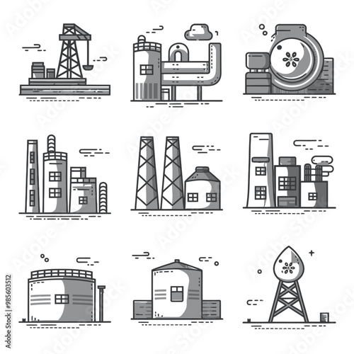 illustrations vector icon for oil and gas industry refinery process and building 
