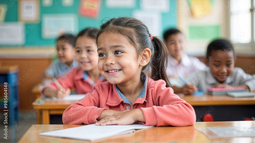 Fototapeta premium A cheerful young girl sits at her desk in a brightly lit classroom, confidently writing with a pencil. Other children are focused on their own tasks, creating an engaging learning environment.