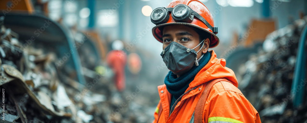 A worker in an orange safety jacket and white hard hat carefully oversees garbage collection in a waste processing facility. The area is filled with piles of debris and recycling materials. A worker in an orange safety jacket and white hard hat carefully oversees garbage collection in a waste processing facility. The area is filled with piles of debris and recycling materials.