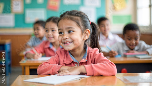 A cheerful young girl sits at her desk in a brightly lit classroom, confidently writing with a pencil. Other children are focused on their own tasks, creating an engaging learning environment.
