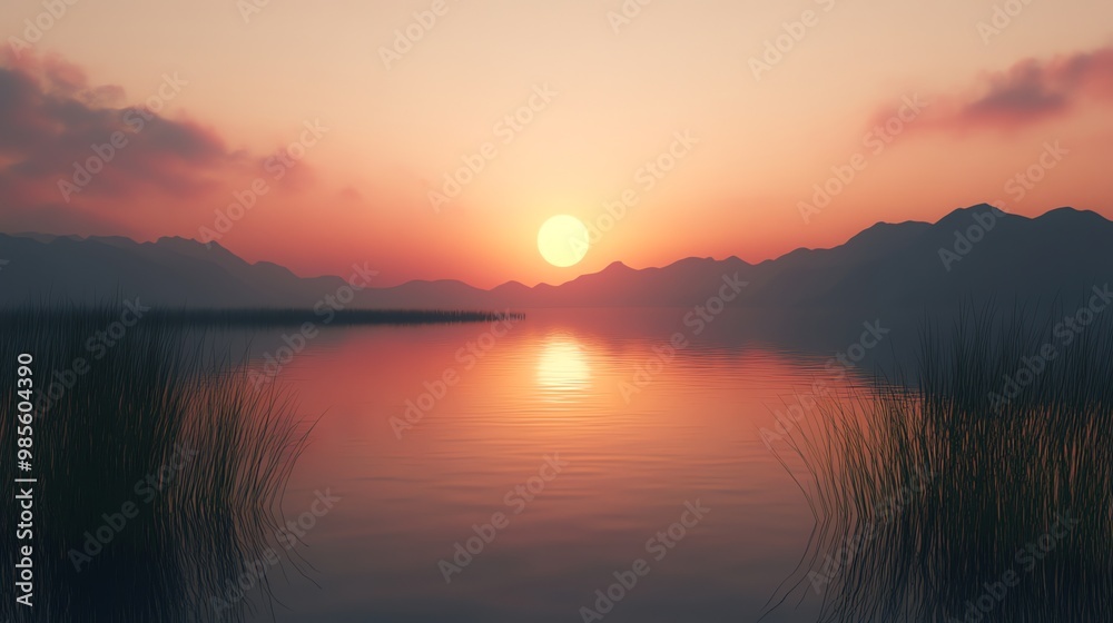A beautiful sunset over a tranquil lake with mountains in the distance. A beautiful sunset over a tranquil lake with mountains in the distance.