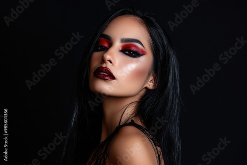 Portrait of a Hispanic woman with glam vampire makeup, featuring blood-red eyeshadow and black lips, copy space in the middle, in a black background, Halloween theme, alluring and deadly, dramatic